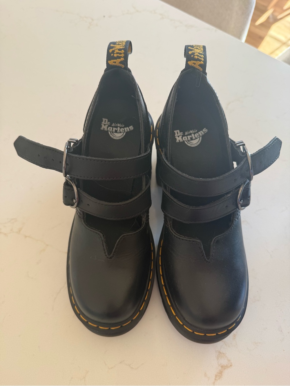 Dr. Martens Black Leather Mary Jane Platforms with Yellow Stitching